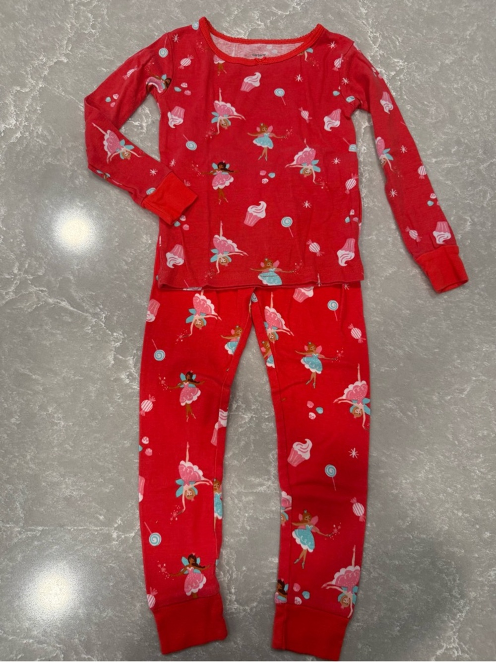 Carter’s Girls 2 Piece Pajama Set Size 5 Red Fairy Candy Print Long Sleeve